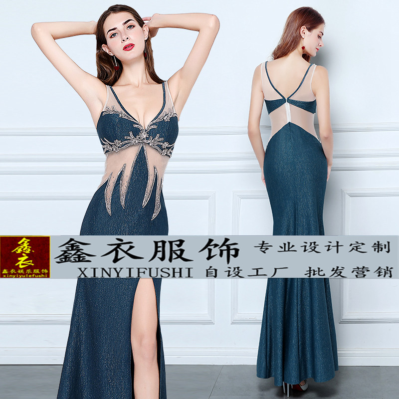 模特佳丽露背性感弹力小姐晚礼服