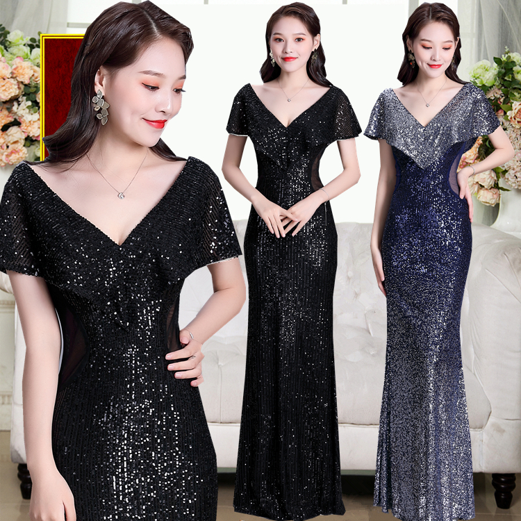 名媛显瘦黑色鱼尾裙性感晚礼服