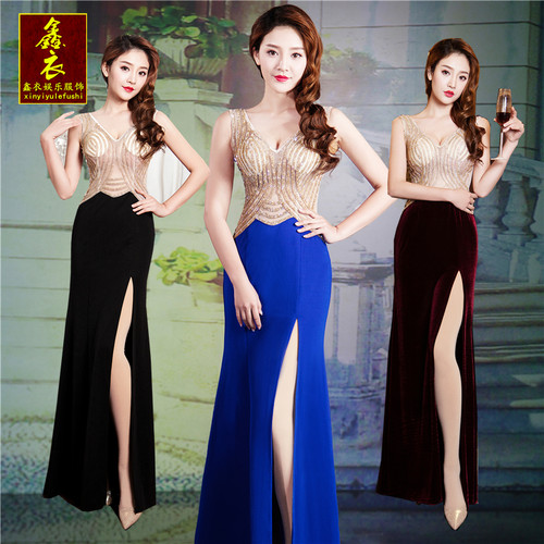 酒红色开叉夜店模特佳丽晚礼服