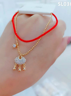 真金电镀2021新品本命年长命锁编织红绳福袋情侣网红手链女手饰