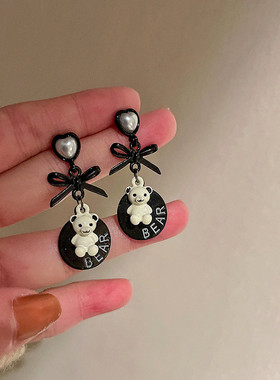 925 银针黑色系珍珠蝴蝶结小熊耳环韩版小众个性耳钉复古气质耳饰