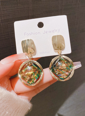 复古高级感菱形树脂耳环中古风时尚个性耳坠简约轻奢绿色小众耳饰