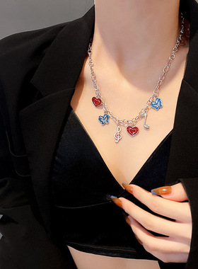 红心绿蝴蝶音符挂坠项链女个性小众时尚潮流ins潮甜酷锁骨毛衣链