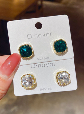 S925纯银针韩国ins气质方形镶钻耳钉 网红简约韩版防过敏耳环女