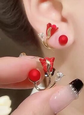 红色玫瑰花耳钉女2022年新款潮耳饰名媛网红秋冬一款两戴耳环