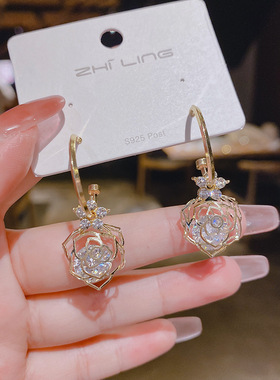 s925银针韩国东大门气质紫色耳环2021新款玫瑰花网红百搭耳圈耳钉