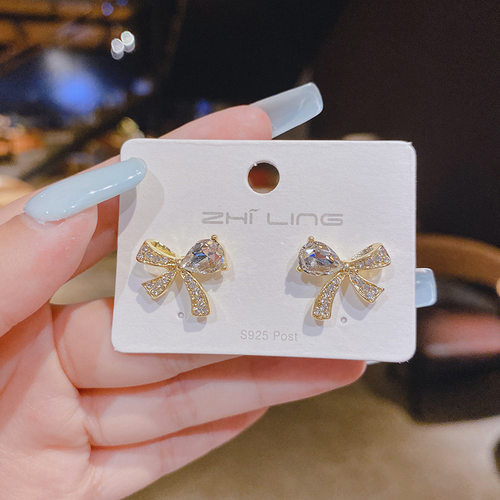 s925银针锆石蝴蝶结耳环女2022春新款韩国ins小众设计耳钉耳饰品