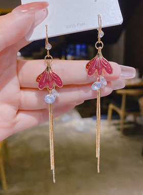 925银针网红ins紫色耳钉油画感花瓣水晶耳环超仙美人鱼尾流苏耳坠