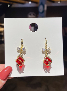 转运红色珍珠耳环2021新品潮温婉蝴蝶结耳坠韩版气质长款网红耳饰
