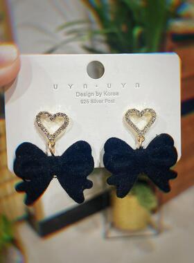 925银针秋冬红色复古植绒蝴蝶结流苏耳环ins新年酒红毛球珍珠耳钉