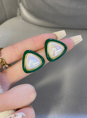 s925银针几何绿色三角形耳新品潮小众设计感秋冬耳环女网红耳饰品