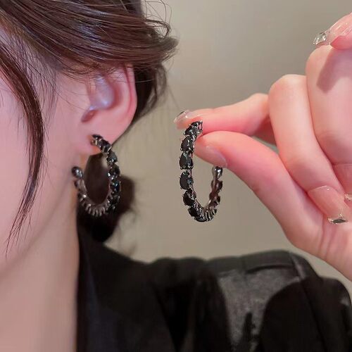 925银针锆石水滴C形耳圈耳环女小众设计轻奢耳钉时尚大气耳饰