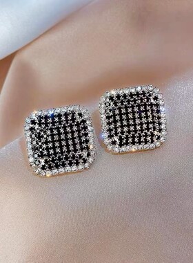 S925银针几何方形黑色耳钉气质高级大气耳环2021新品耳饰女