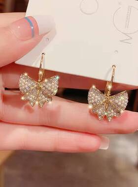 925银针精致满钻小蝴蝶耳环气质 网红韩国耳钉2021年新品珍珠耳饰