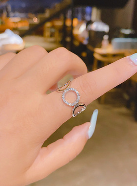 铜镶锆石真金电镀ins简约设计食指戒指女韩国潮人开口可调节指环