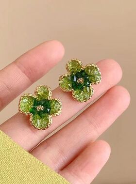 S925耳钉渐变水晶绿色花朵耳环小清新绿野仙踪甜美夏季花花耳饰女