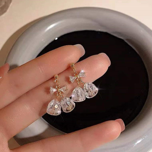 S925银针超闪锆石蝴蝶结铃铛耳钉小众2022唯美水晶兰铃花耳环耳坠