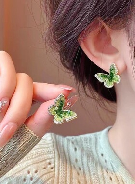 韩系小清新绿色渐变蝴蝶耳钉高级感简约满钻百搭耳环时尚潮流耳饰