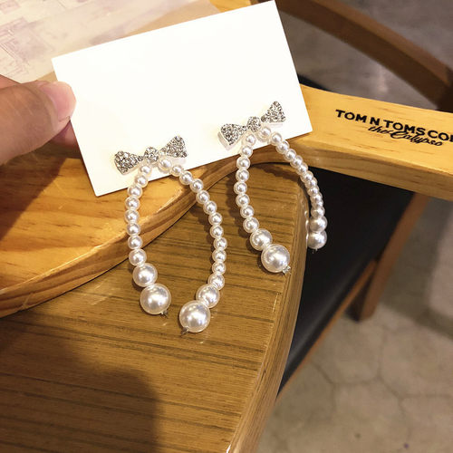 s925银针巴洛克珍珠蝴蝶结耳环女韩国气质优雅长款耳钉网红耳坠潮