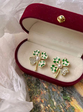 s925银时尚简约镶钻绿色格子四叶草耳钉精致小巧百搭耳环耳饰女