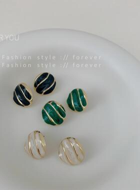 S925银针珠光珐琅绿色耳环女小众设计感耳钉复古气质宫廷时尚耳饰