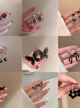 ins冷淡风简约轻奢高级感黑色蝴蝶结耳环女气质百搭复古耳饰