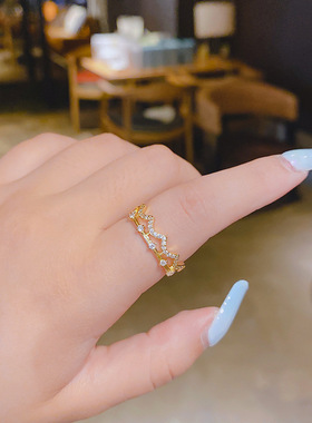真金电镀滴油铜镶钻韩国网红个性波浪形戒指女 多层水纹浪花指环