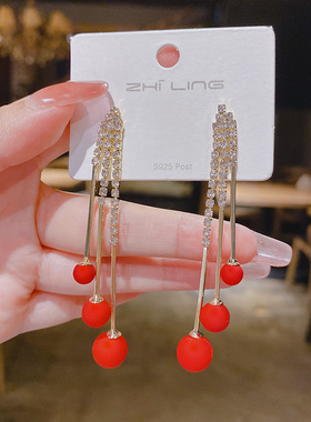 s925银针红色珍珠流苏耳坠韩国网红耳饰女2022新品潮长款气质耳环
