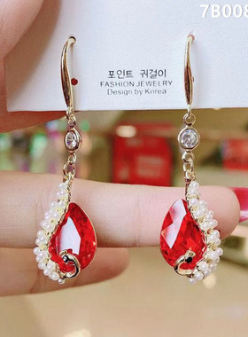 复古孔雀耳环女民族风长款蓝色红色凤凰水滴耳坠新款小众设计耳饰