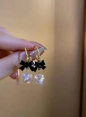 韩版耳钉黑色蝴蝶结耳坠简单大气锆石耳坠淑女气质耳钉耳环饰品女