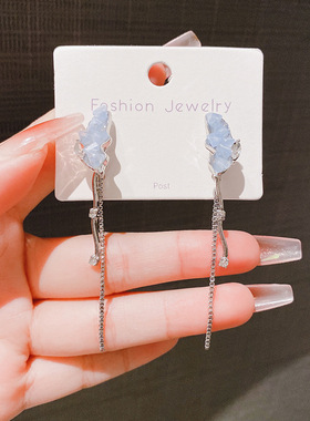 水晶蓝色蝴蝶珍珠耳饰女小众设计感高级耳钉独特耳环爆款简约百搭
