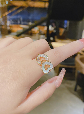 真金电镀铜镶锆石韩国爱心猫眼石戒指女设计感简约精致开口