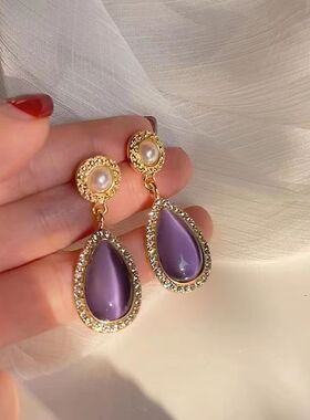 S925银针复古宫廷精致水滴紫色宝石耳环法式优雅耳钉气质镶钻耳饰