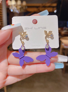 S925银针紫色蝴蝶耳环女网红ins森系气质长款耳饰2023年新品耳钉
