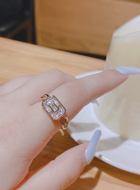 真金电镀铜镶锆石网红韩国ins小众设计方形戒指复古指环食指指环