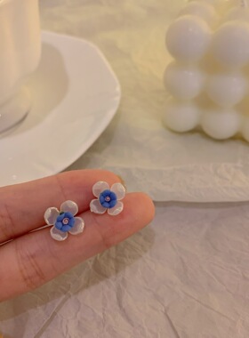 S925银针法式温柔复古蓝白色小花朵耳钉2021新款潮小清新耳环耳饰