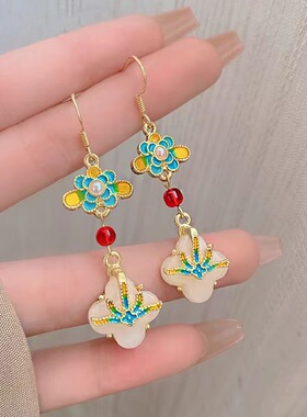 古风优雅汉服百搭珐琅釉花朵耳钩小众设计流苏耳环复古气质潮耳饰