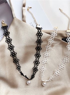 韩国choker项圈简约锁骨颈链女短款颈带脖子饰品黑色花朵项链