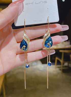 2022韩国气质蓝色红色水晶长款流苏孔雀凤凰耳环大气超仙耳环耳饰