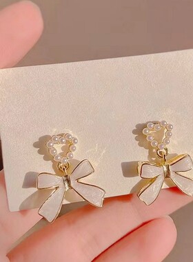 S925银针韩国新款滴油蝴蝶结耳环女百搭气质爱心珍珠耳钉网红同款