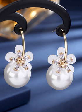 925银针红色珍珠耳环花朵猫眼五叶花锆石耳钉防过敏百搭网红耳饰