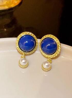 S925银针新款法式复古蓝色圆圈耳环温柔珍珠港风气质设计感耳饰潮