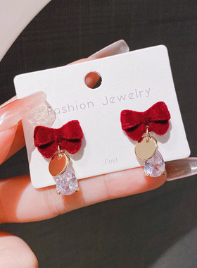 新年红精致红色丝绒蝴蝶结耳钉镶钻水滴女生百搭耳环耳饰品女