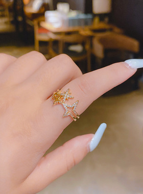 铜镶锆石芒星五角星戒指女开口戒ins潮小众网红气质个性食指指环