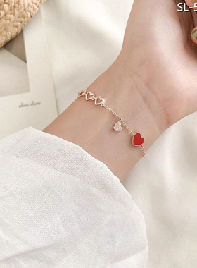 小众真金电镀红色少女风爱心手链