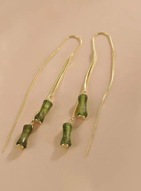 长款绿色竹节耳线耳环女流苏小众设计感网红百搭耳饰2023新款耳坠