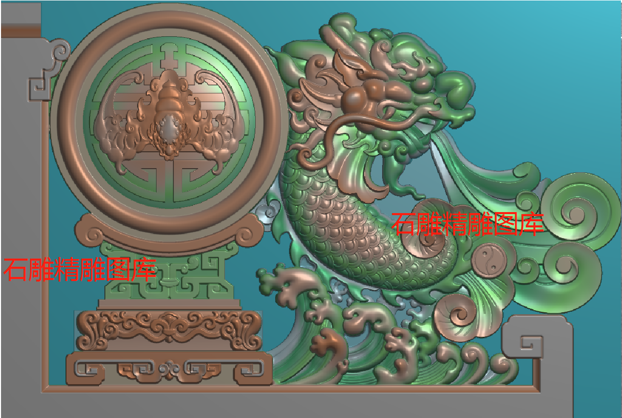 抱鼓石鼓精雕图 龙鱼抱鼓 栏板门墩雕花古建寺庙灰度图 修图改图