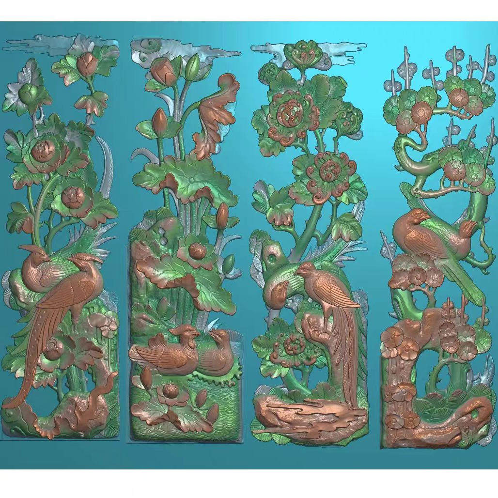 竖排四季花鸟浮雕扫描图梅花荷花菊花牡丹石雕精雕图古建春夏秋冬