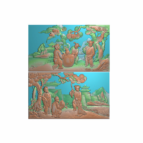 617横向石雕深雕童子横屏挂匾挂屏 古建寺庙壁画【扫描图】精雕图
