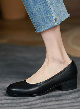 牛皮黑色中跟工作鞋女粗跟单鞋厚底职业正装行政面试皮鞋33大码42